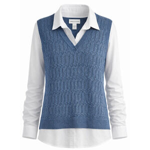 Alfred Dunner Lightweight Blue Knit Sweater Vest White Blouse Size XL